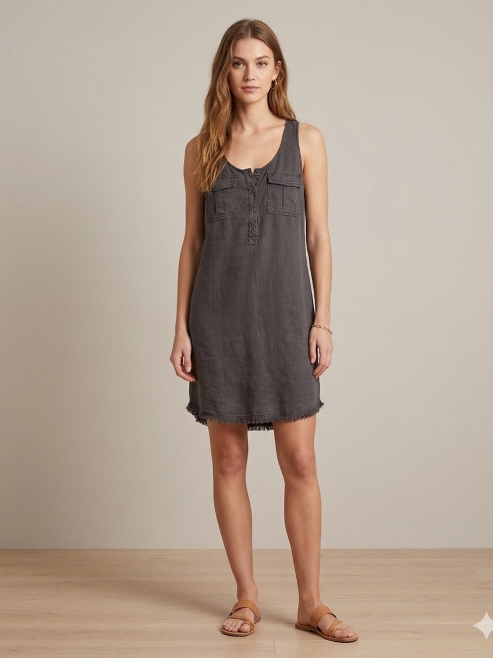 Splendid XS Shift Dress Charcoal Linen Lyocell Minimalist Coastal Raw Hem